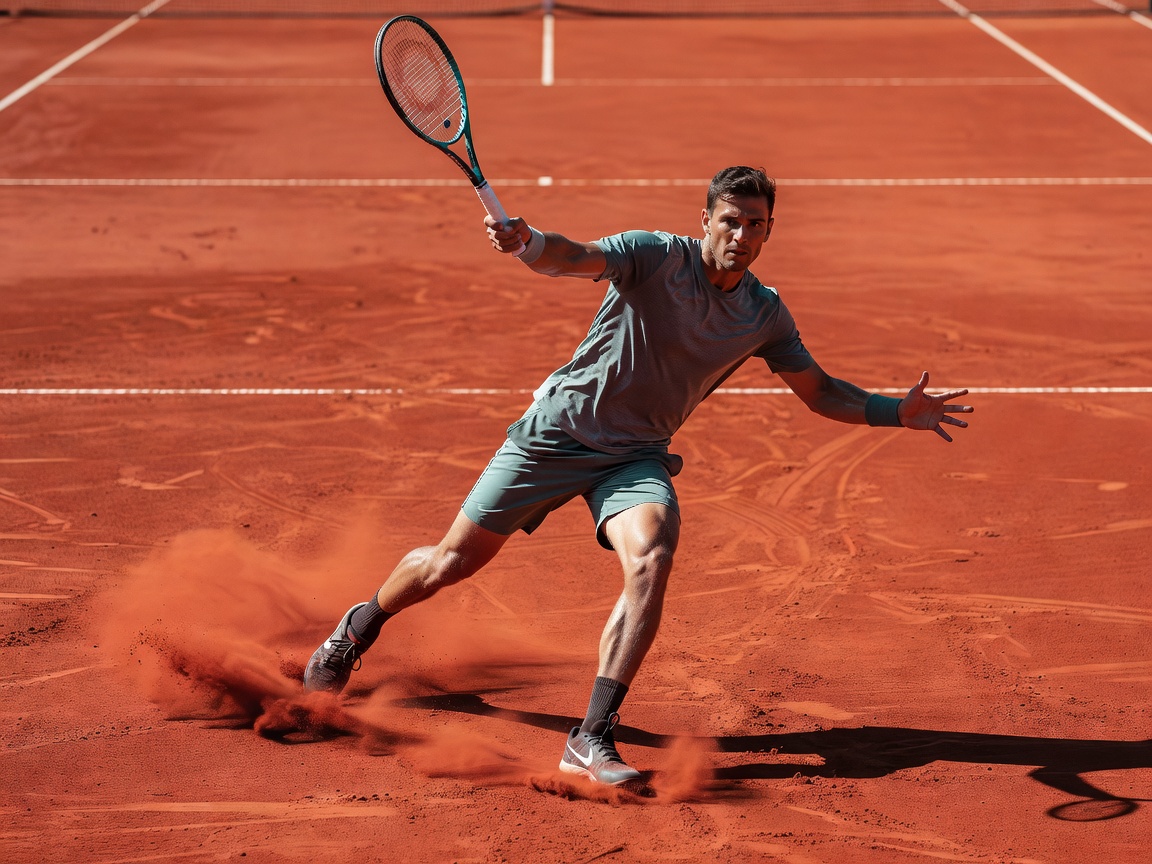 Player finishing a backhand follow-through on a clay court, racket high and feet still sliding