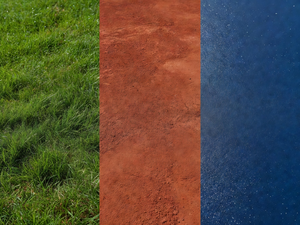 Close-up comparison of grass, clay and acrylic hard court surfaces side by side