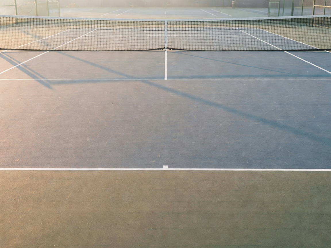 Empty hard court photographed from behind the baseline in soft morning light, with the service boxes and net in view