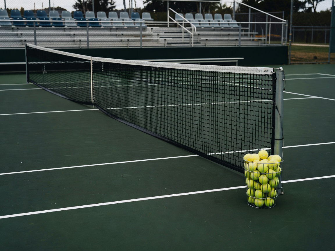 Side-on view of a quiet tournament court with practice balls in a basket beside the net post