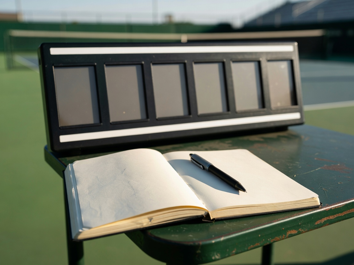 Court-side scoreboard beside an open notebook and pen used for recording match results