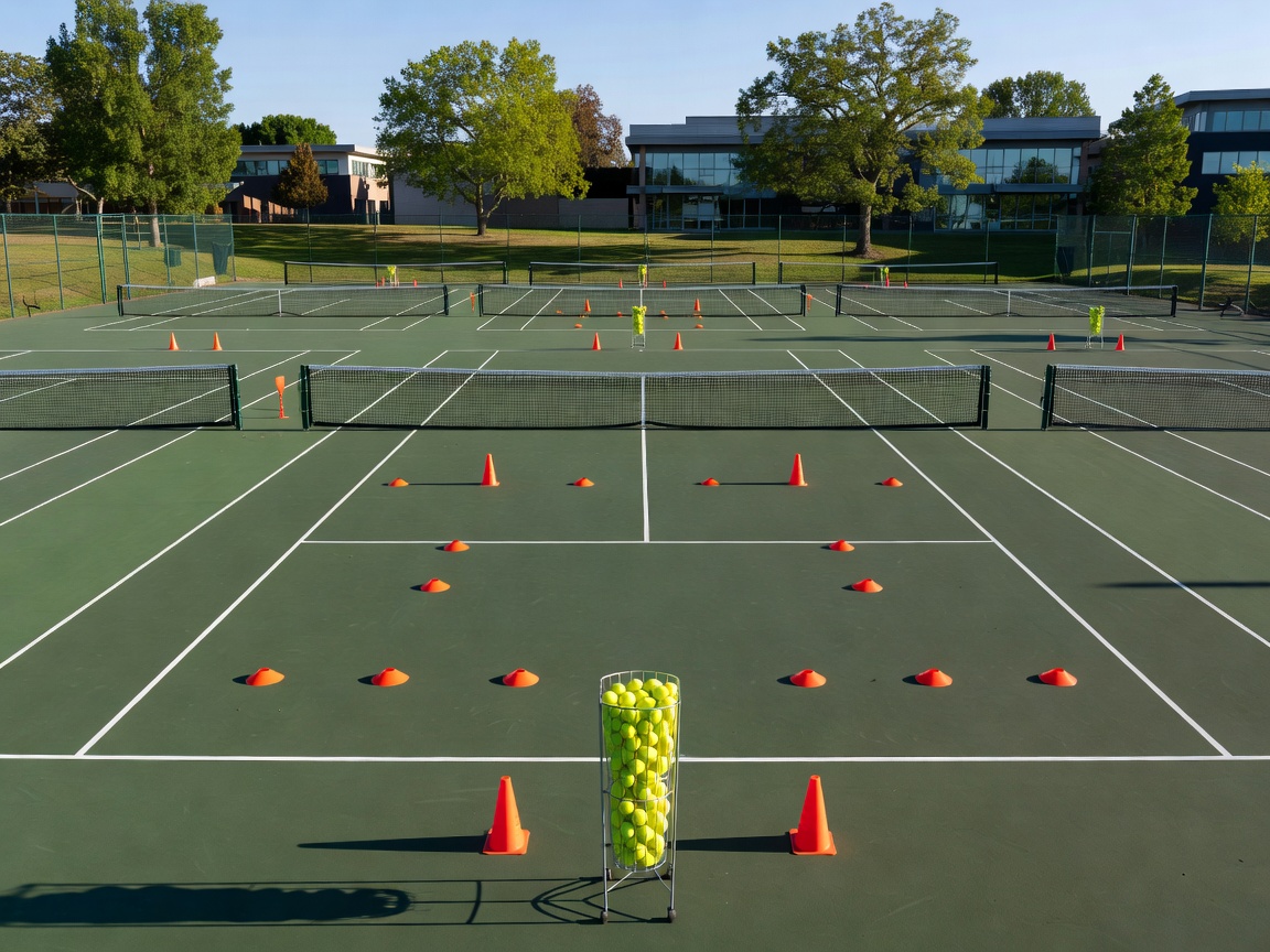 Row of training courts with ball baskets and net practice cones set out for a group session